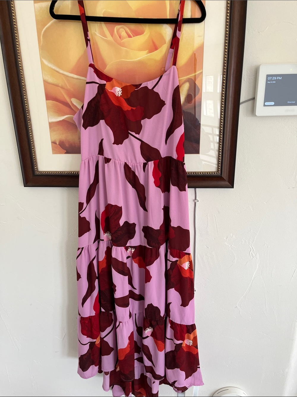 Sanctuary Pink Floral Tiered Maxi Dress with Red and Burgundy Bloom